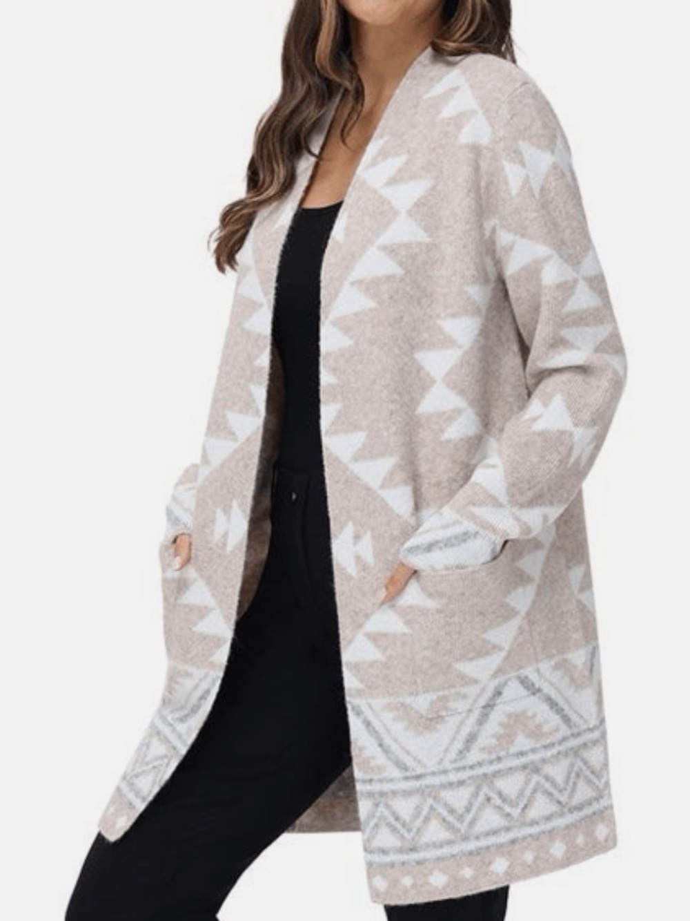 Frye Aztec Patterned Long Cardigan Oversized Sweater Womens Size Small Cream Tan